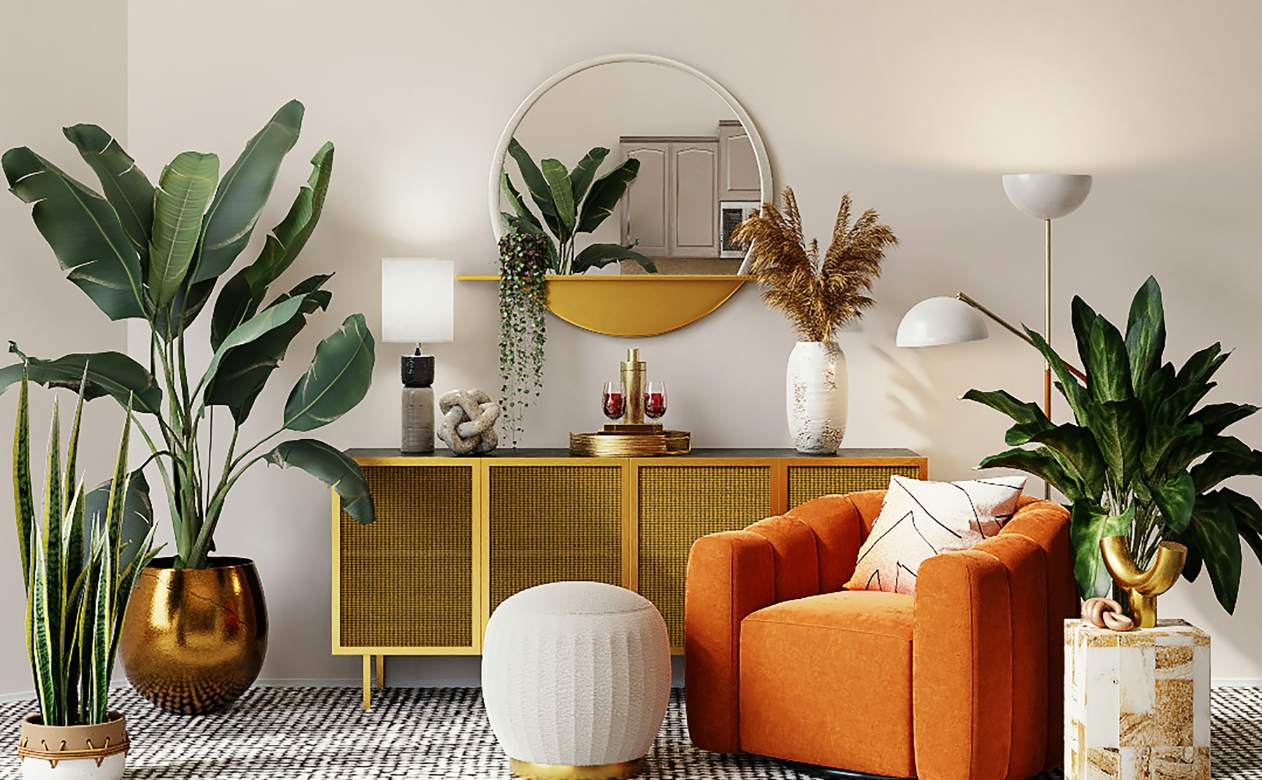 Retro inspired living room with patterned carpet plants and gold accent furniture